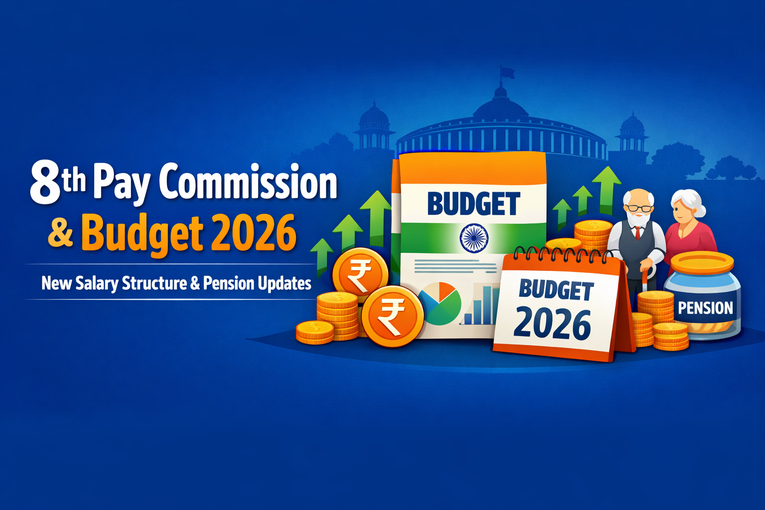 8th Pay Commission and Budget 2026 infographic showing new salary structure, revised pay matrix and pension updates for central government employees and pensioners.