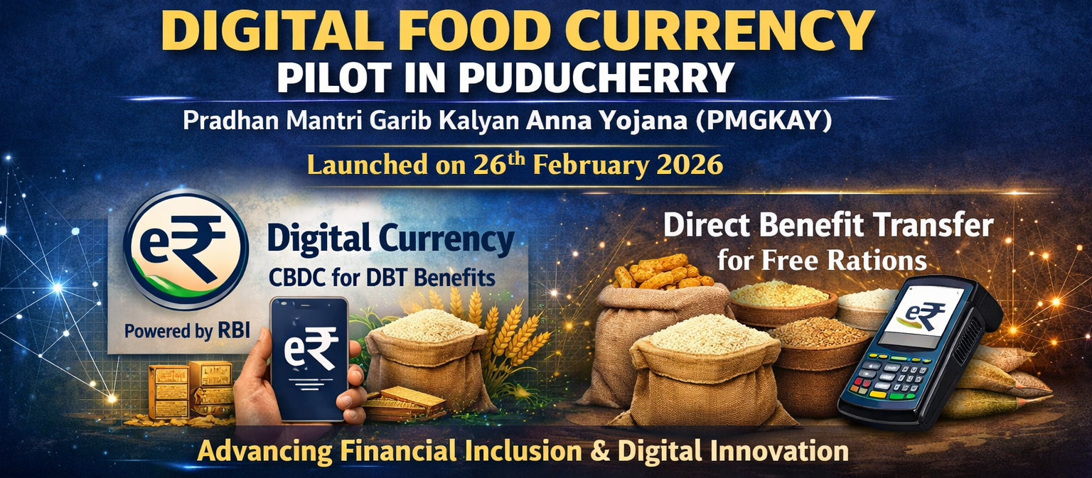 Central Bank Digital Currency based Digital Food Currency pilot under PMGKAY launched in Puducherry by Union Minister Pralhad Joshi with Lieutenant Governor and Chief Minister on 26 February 2026