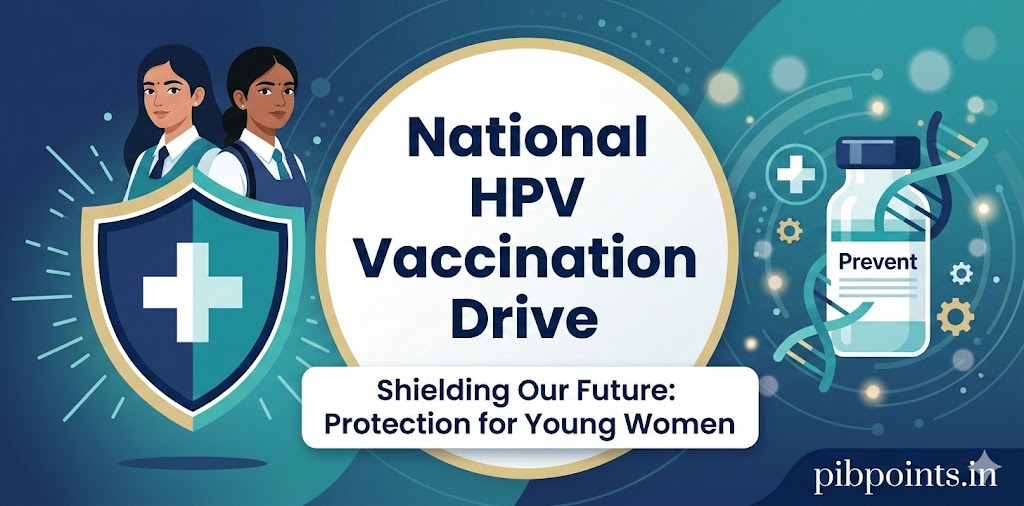 Conceptual illustration for the National HPV Vaccination Drive in India, featuring a medical shield, vaccine vial, and two young girls in school uniforms, with the pibpoints.in branding.