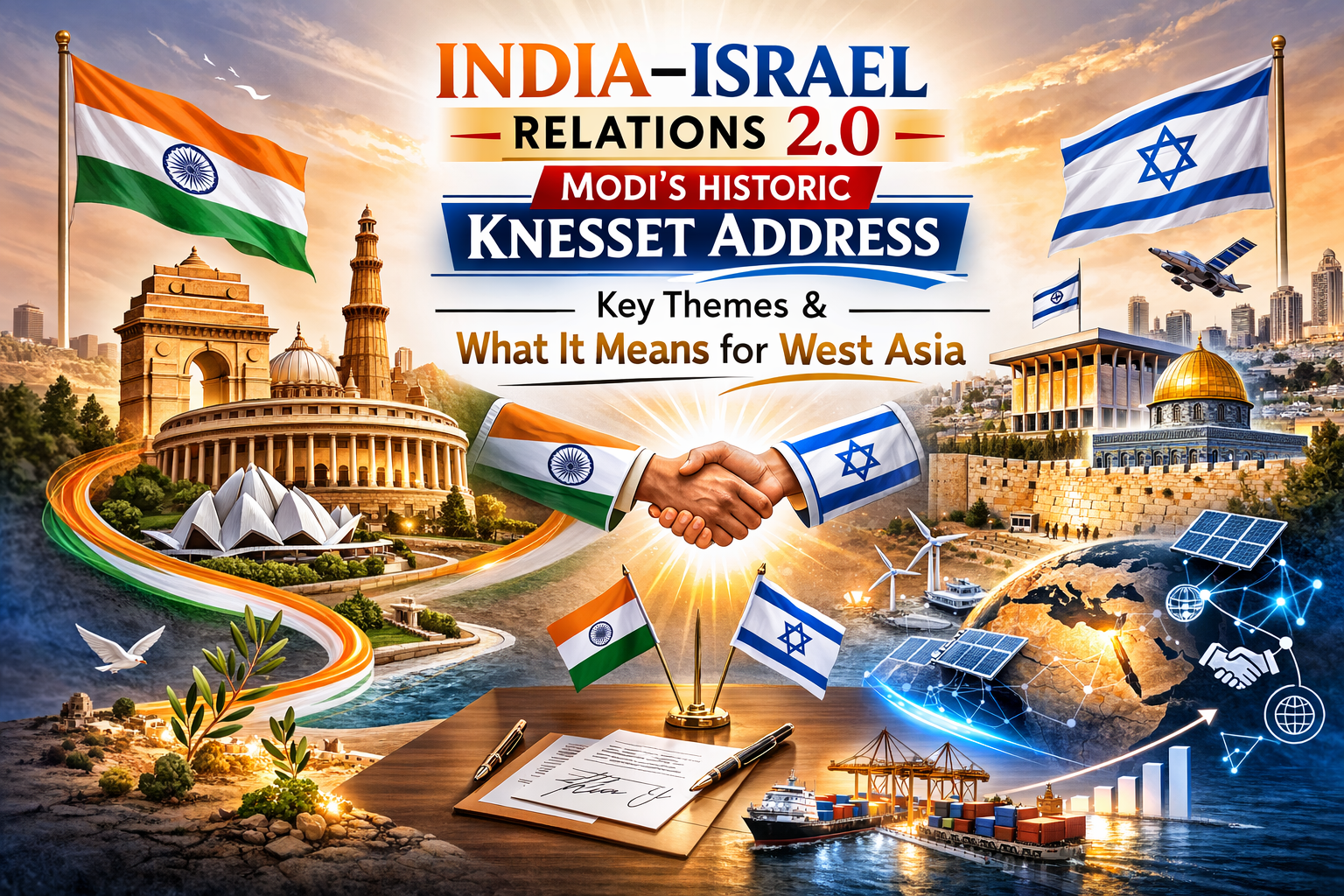 India–Israel relations 2.0 – Prime Minister Narendra Modi addressing the Israeli Knesset in Jerusalem during his 2026 visit, highlighting security, technology and West Asia diplomacy