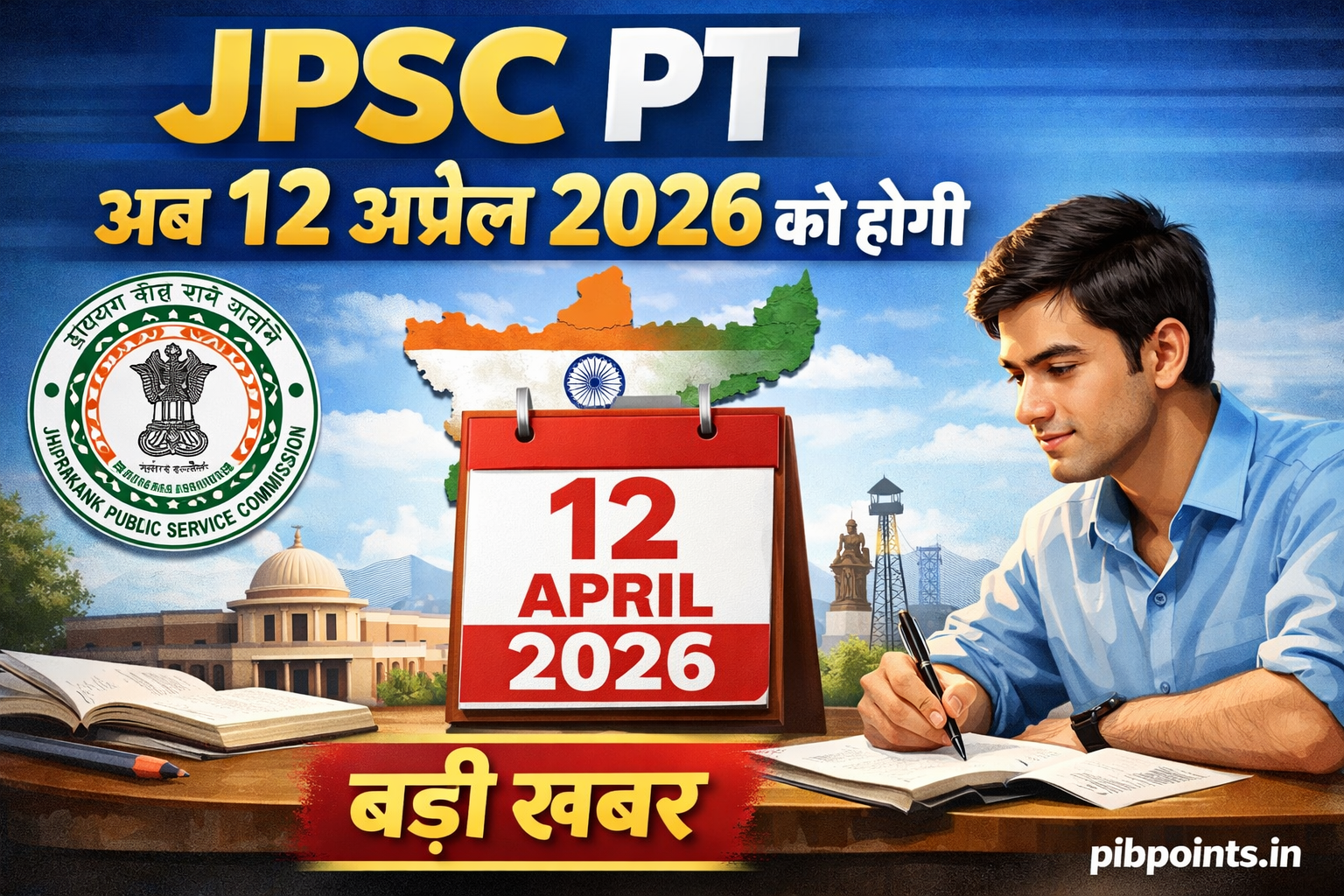 JPSC NEWS JPSC NEWS JPSC PT exam new date notification graphic showing Jharkhand Combined Civil Services Preliminary Exam now scheduled on 12 April 2026.