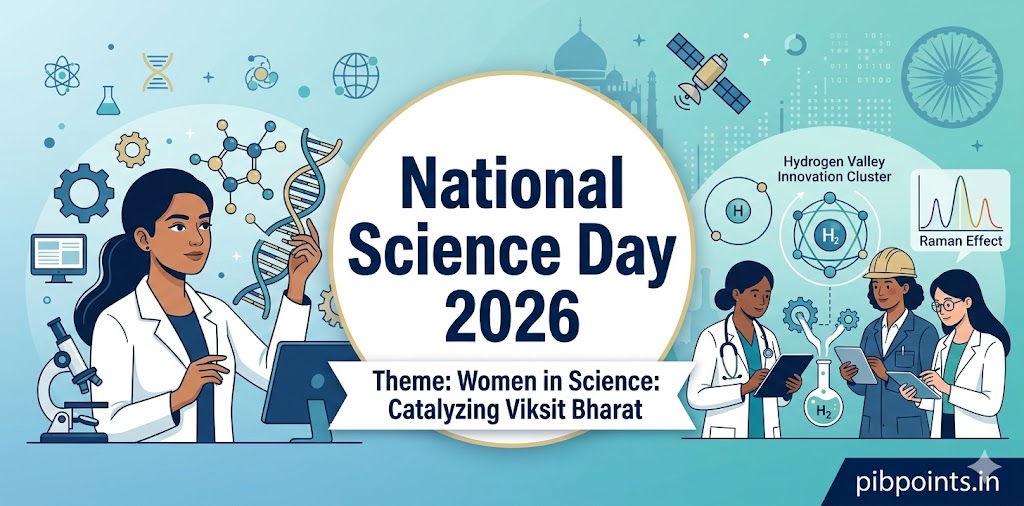 Conceptual illustration for National Science Day 2026, featuring Indian women scientists in lab coats, a DNA helix, a satellite, and icons for the Hydrogen Valley Innovation Cluster and Raman Effect, with pibpoints.in branding.
