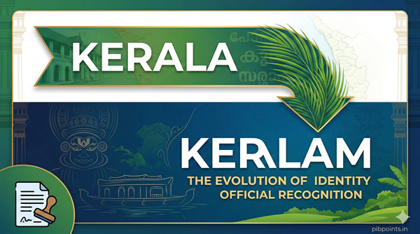A professional digital graphic titled "Kerala to Keralam: The Evolution of Identity." The image features a transition from the name "KERALA" in a green banner to "KERALAM" in bold white text against a deep blue background. The design includes cultural motifs of Kerala, such as a Kathakali face, a traditional houseboat (Kettuvallam), lush greenery, and a coconut palm leaf, with the pibpoints.in logo in the corner.