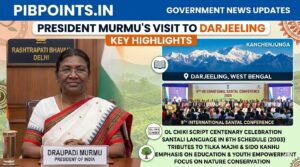Infographic of President Droupadi Murmu and 9th International Santal Conference 2026 in Darjeeling featuring Kanchenjunga mountains and key event highlights.