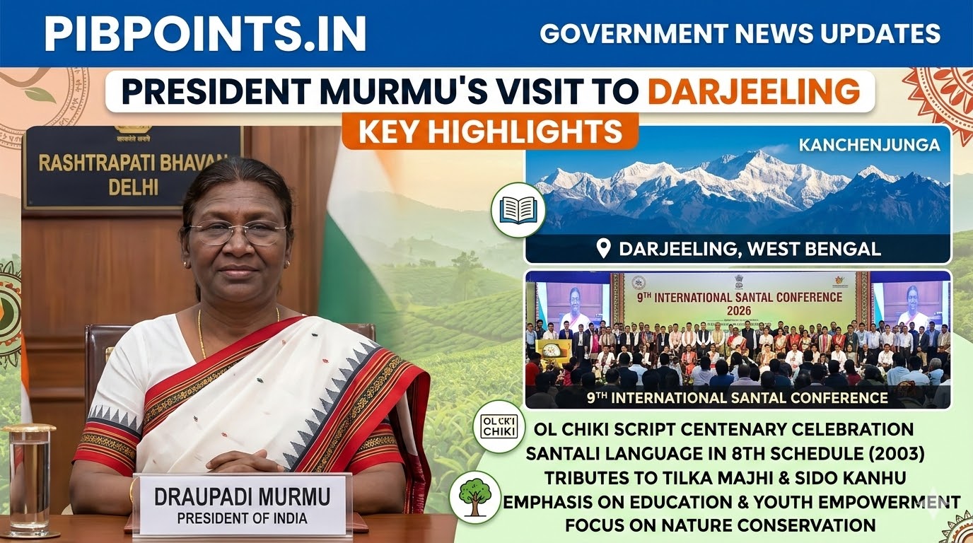 Infographic of President Droupadi Murmu and 9th International Santal Conference 2026 in Darjeeling featuring Kanchenjunga mountains and key event highlights.