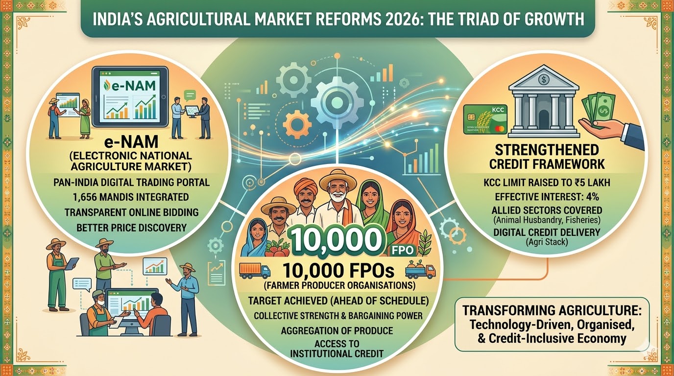 A featured image titled 'INDIA'S AGRICULTURAL MARKET REFORMS 2026: THE TRIAD OF GROWTH'. It is a modern infographic visualizing three key reforms: e-NAM (Electronic National Agriculture Market), 10,000 FPOs (Farmer Producer Organisations), and a STRENGTHENED CREDIT FRAMEWORK. Each pillar includes relevant icons like digital screens, groups of farmers, and bank buildings, connected by a network. The overall theme is technological and credit-inclusive progress.