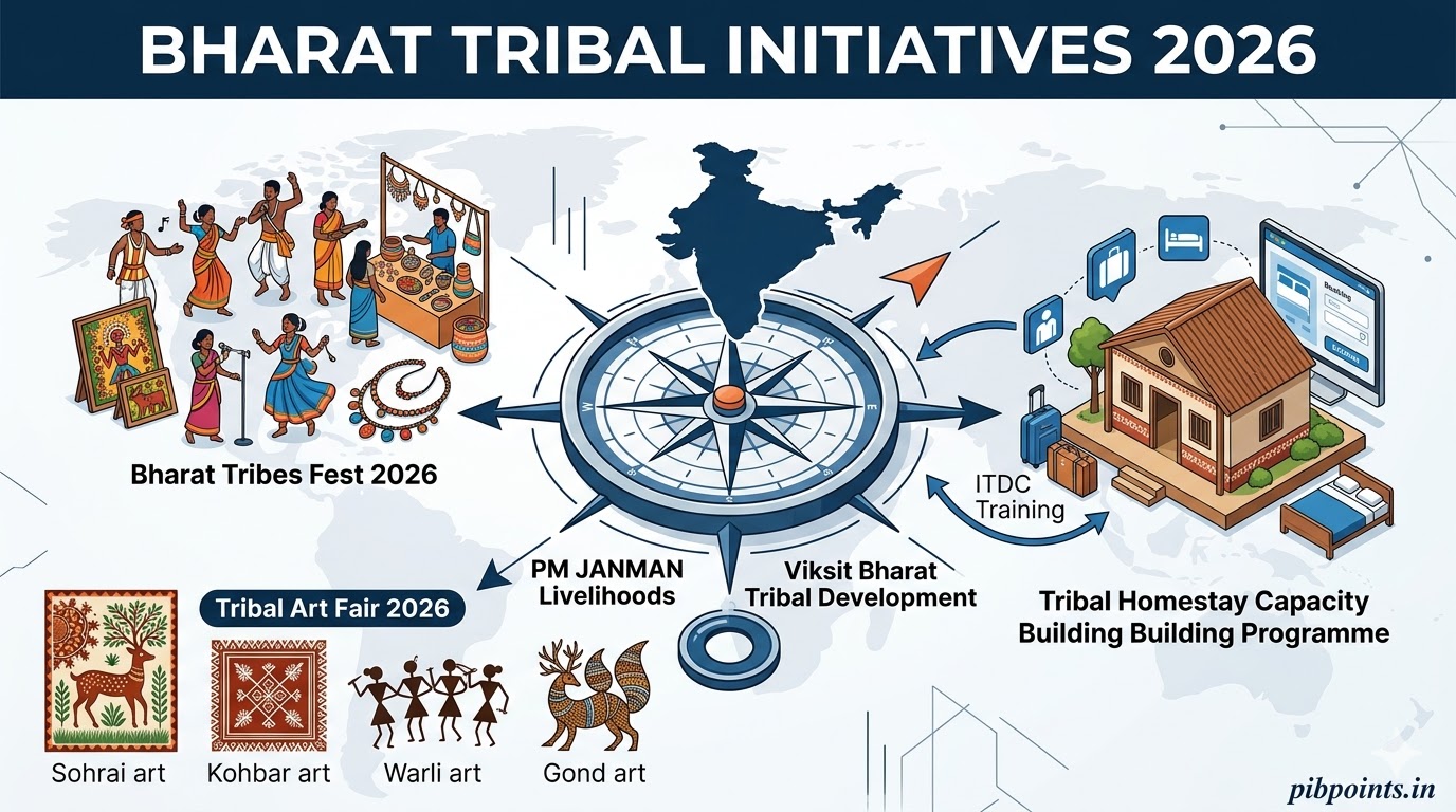 Infographic summarizing Bharat Tribal Initiatives 2026, including Bharat Tribes Fest and Tribal Homestay Capacity Building, for pibpoints.in news update. Bharat Tribes Fest 2026: India’s Tribal Heritage