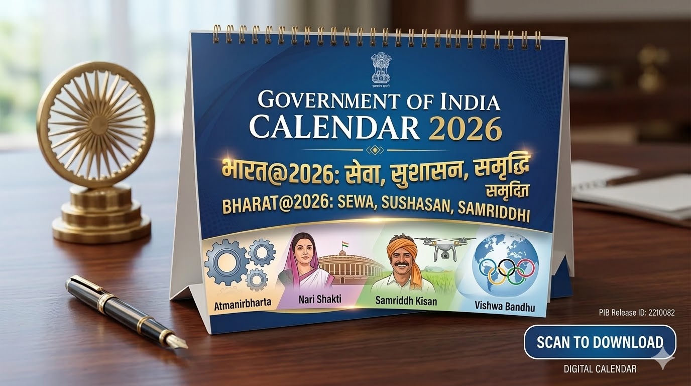 Desktop calendar showing Bharat 2026 Government of India theme Sewa Sushasan Samriddhi with icons for Nari Shakti, Atmanirbharta, and Samriddh Kisan.