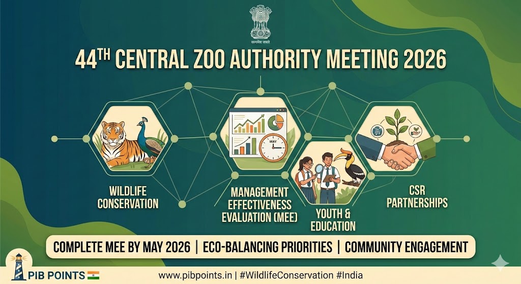 Interactive graphic summarizing the 44th Central Zoo Authority Meeting 2026., highlighting Wildlife Conservation, MEE Targets for May 2026, and Youth & Community Engagement priorities on a dynamic green ecological network map.