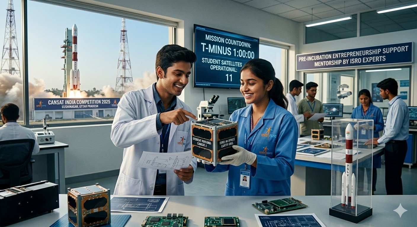 ISRO Student Satellite Programme 2026: Two Indian engineering students in a high-tech laboratory holding a CubeSat satellite. A mission screen in the background displays "Student Satellites Operational: 11" and "CanSat India Competition 2025 Kushinagar." Through the window, a PSLV rocket is seen on a launchpad.