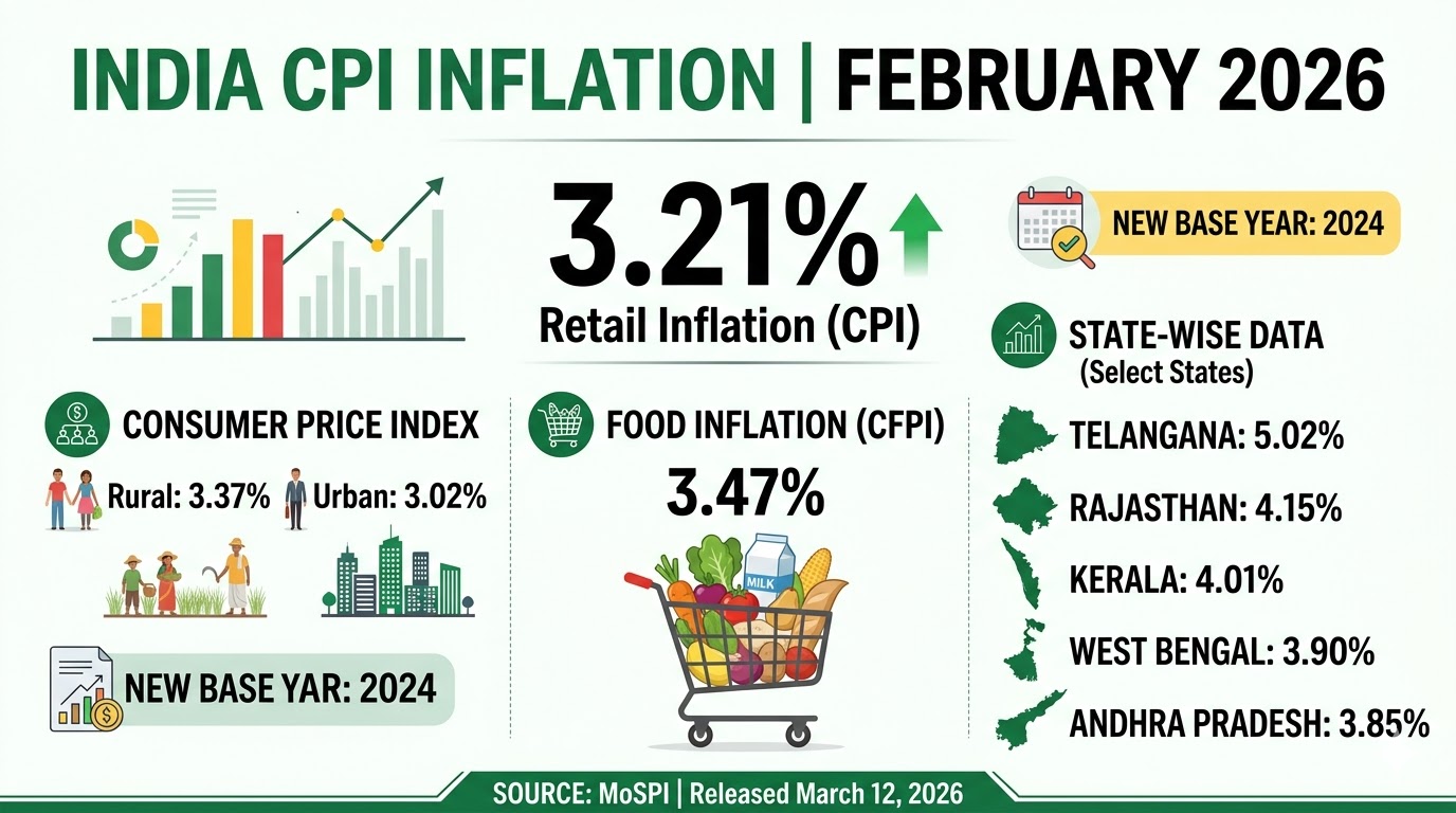 Infographic of India CPI Inflation February 2026 showing retail inflation at 3.21% and food inflation at 3.47% with state-wise data for Telangana, Rajasthan, and Kerala.