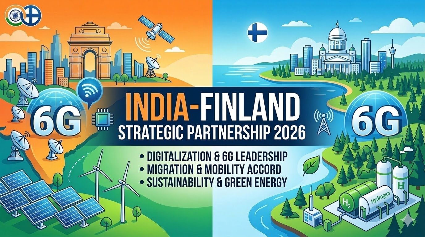 Infographic of India-Finland Strategic Partnership 2026 showcasing 6G technology, green hydrogen, and digital cooperation between the two nations.