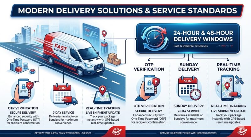 A professional logistics infographic featuring a modern white delivery van on a blue road. It highlights 24-hour and 48-hour delivery windows with a high-speed clock icon and features three service icons: OTP Verification (secure delivery), Sunday Delivery (7-day service), and Real-time Tracking (live shipment updates) in a Post Office Red, Deep Blue, and White color scheme.