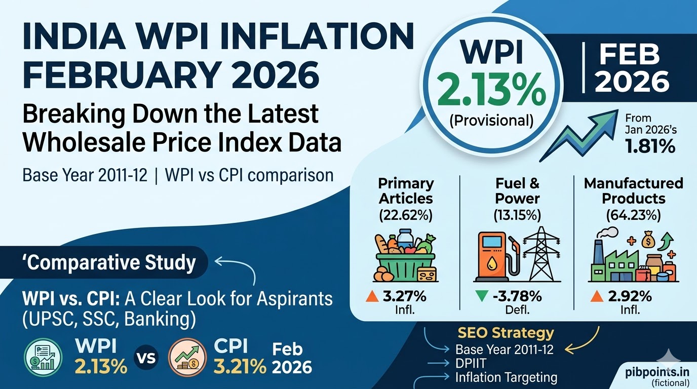 Infographic of India Wholesale Price Index (WPI) February 2026 showing 2.13% inflation, primary articles at 3.27%, fuel at -3.78%, and manufactured products at 2.92% for UPSC and competitive exam preparation. WPI Inflation February 2026