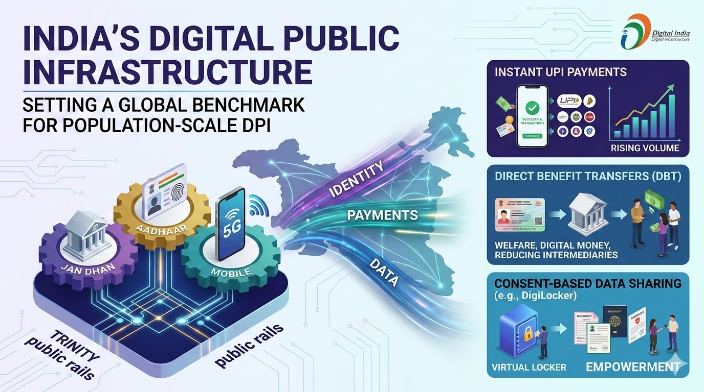 An infographic illustrating India's Digital Public Infrastructure (DPI) 2026, showing the JAM Trinity (Jan Dhan, Aadhaar, Mobile), UPI payment icons, DigiLocker, and 5G connectivity on a futuristic blue digital map of India.