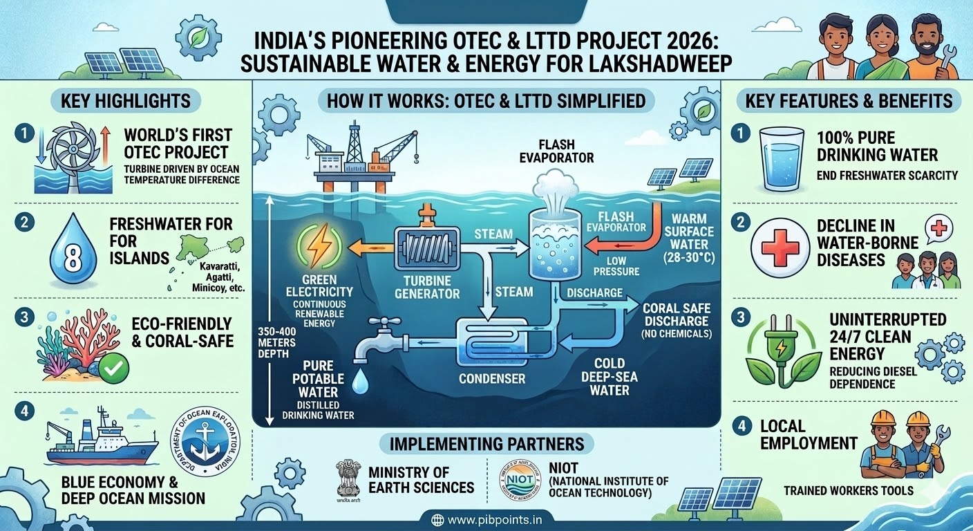 Detailed infographic explaining India’s first OTEC and LTTD project in Lakshadweep 2026, showcasing how ocean thermal energy is converted into electricity and drinking water for 8 islands including Kavaratti.