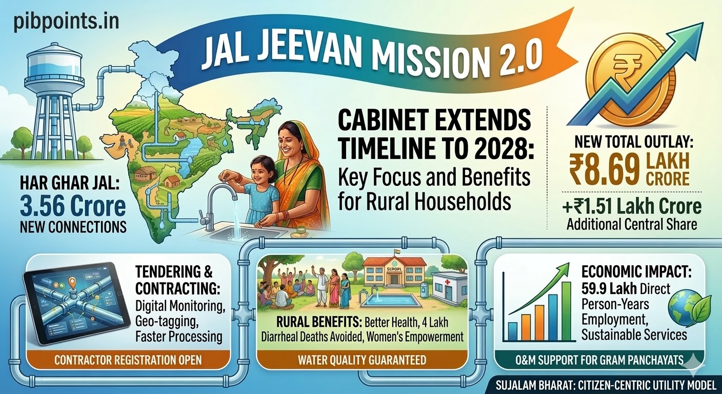 Jal Jeevan Mission 2.0" details the cabinet's timeline extension to 2028 and key benefits. It features a map of India with water infrastructure, a family using a new tap, financial data showing a total outlay of ₹8.69 lakh crore, and panels on tendering, rural health benefits, and economic impacts, all branded for pibpoints.in.