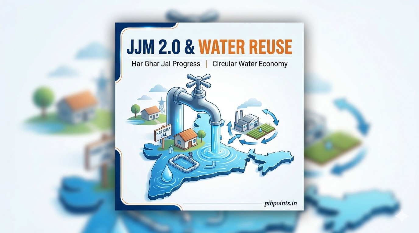 Infographic representing Jal Jeevan Mission 2.0 and Uttarakhand Treated Water Reuse Policy for pibpoints.in news update.