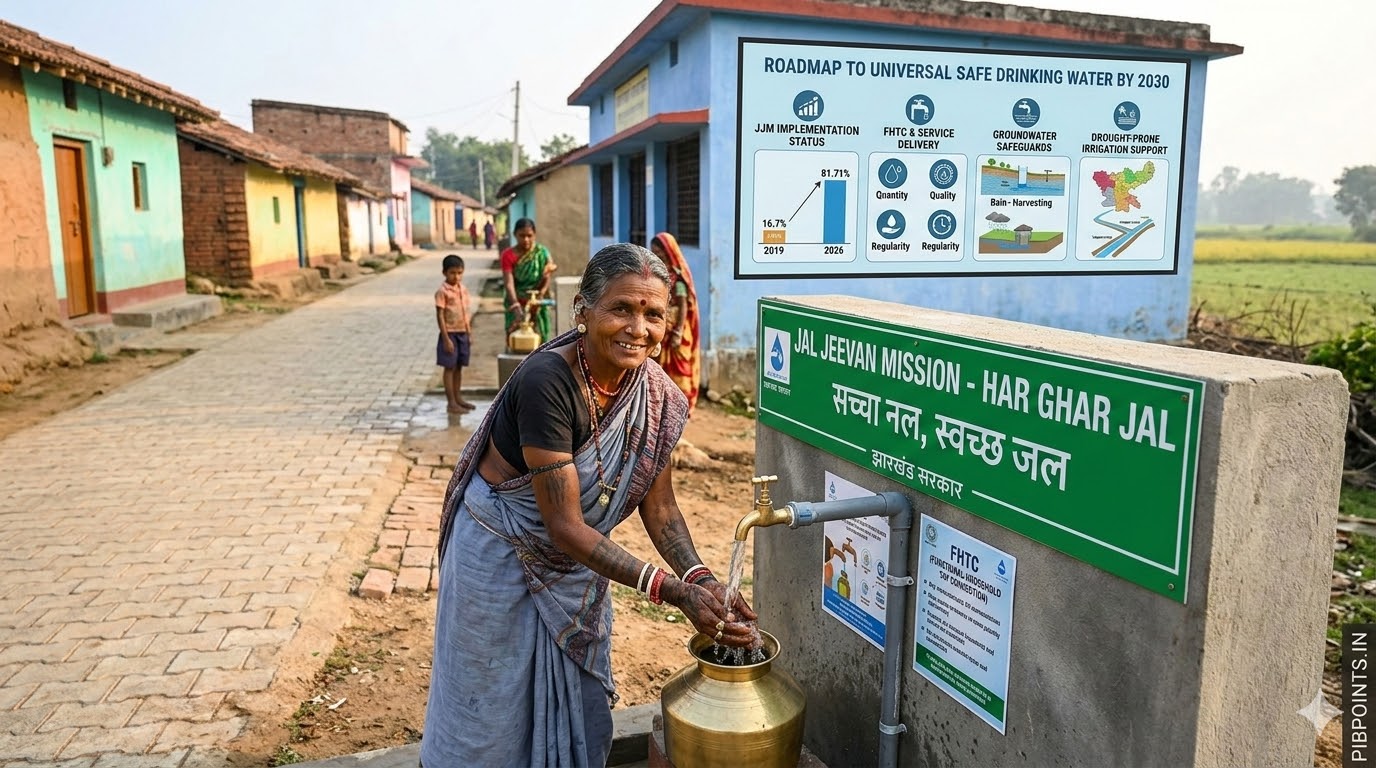 A senior Indian woman in a traditional saree smiles warmly while collecting water from a new "Har Ghar Jal" tap connection in a rural village. In the background, an informative infographic displays the "Roadmap to Universal Safe Drinking Water by 2030," highlighting Jal Jeevan Mission (JJM) stats like the 81.71% implementation status, FHTC standards, and groundwater safeguards.