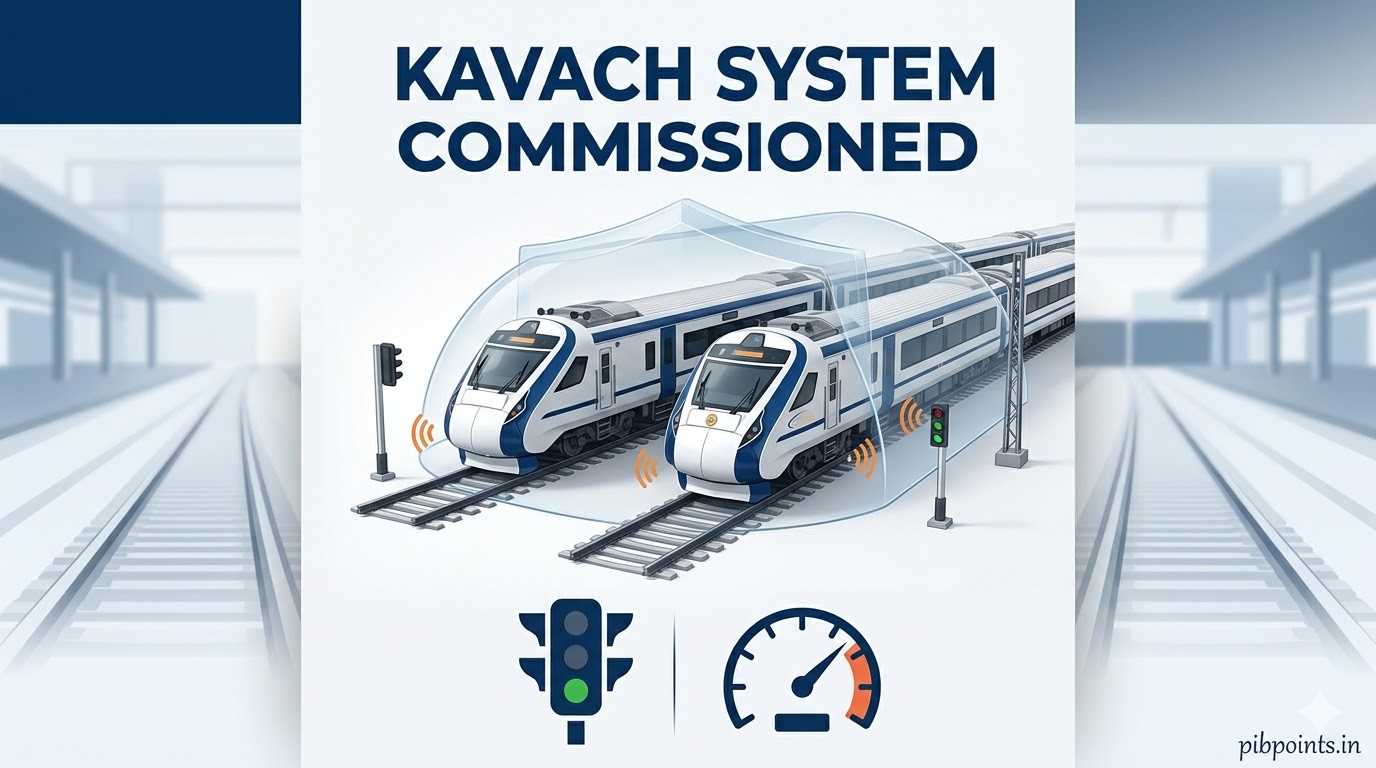 Infographic representing Indian Railways Kavach 4.0 system commissioning for pibpoints.in news update