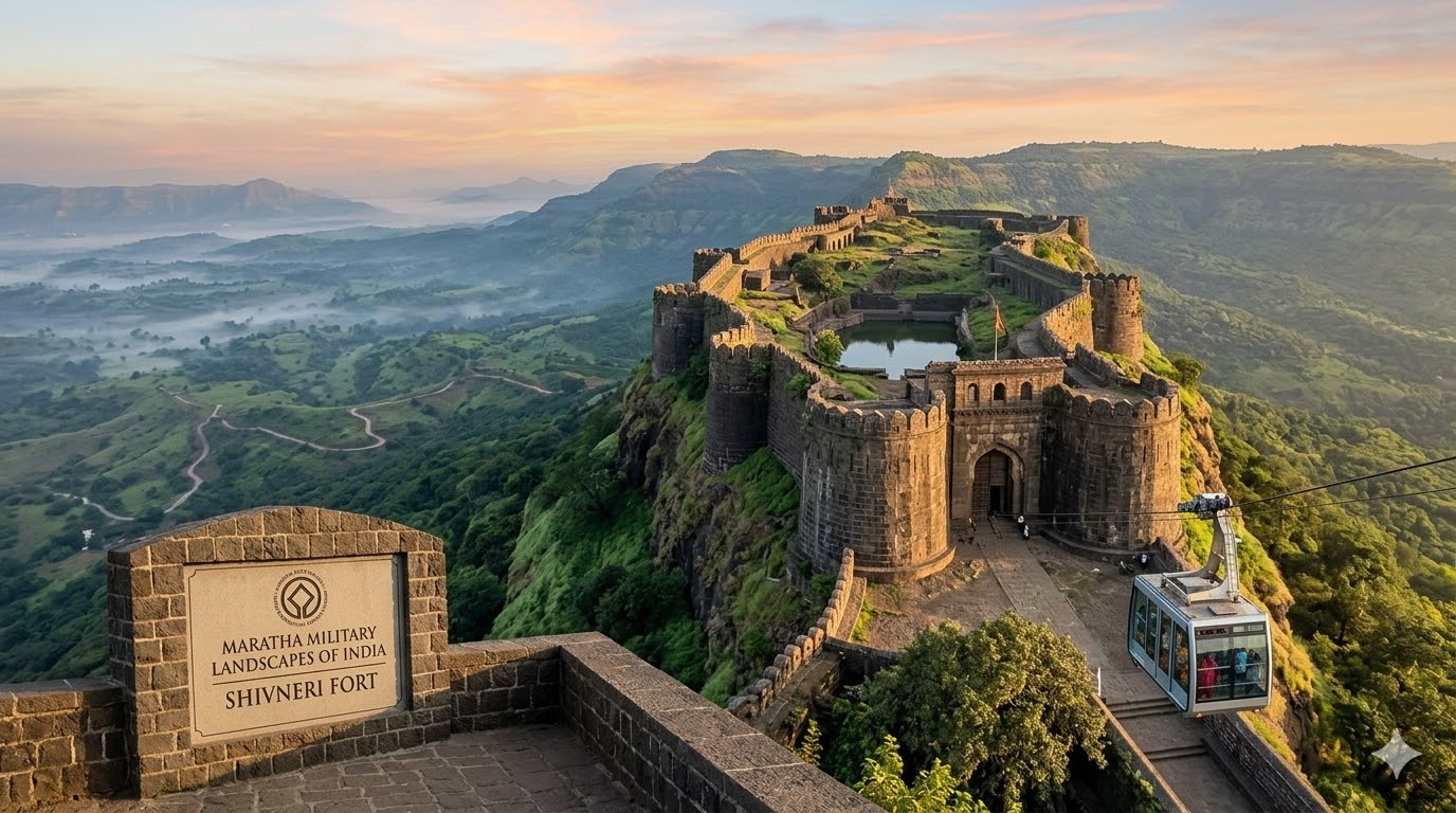 Aerial sunrise shot of Shivneri Hill Fort showing ancient basalt walls and new UNESCO sign. The birthplace of Shivaji Maharaj and the location of the 2026 Site Management Plan development. Maratha Military Landscapes
