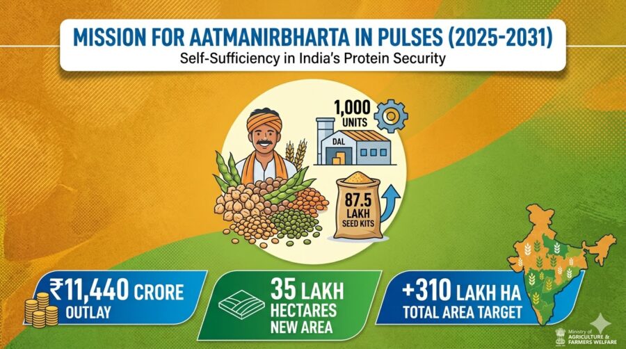 Infographic of the Mission for Aatmanirbharta in Pulses (2025-2031) showing ₹11,440 crore outlay, 35 lakh hectares new area, and target of 310 lakh hectares.