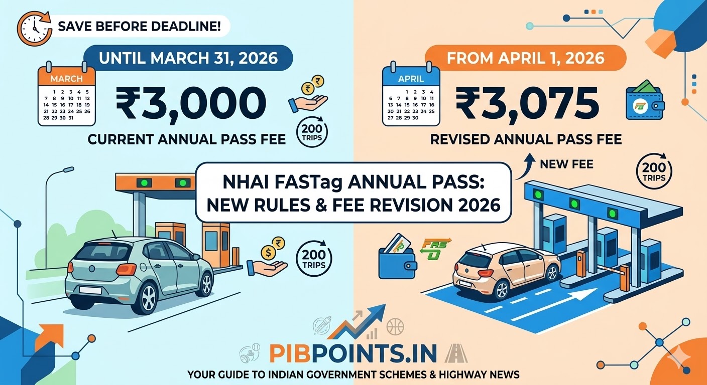 Infographic for pibpoints.in showing the NHAI FASTag Annual Pass fee revision. Comparison chart: Current price ₹3,000 vs New price ₹3,075 effective April 1, 2026. Includes 200 trips benefit.