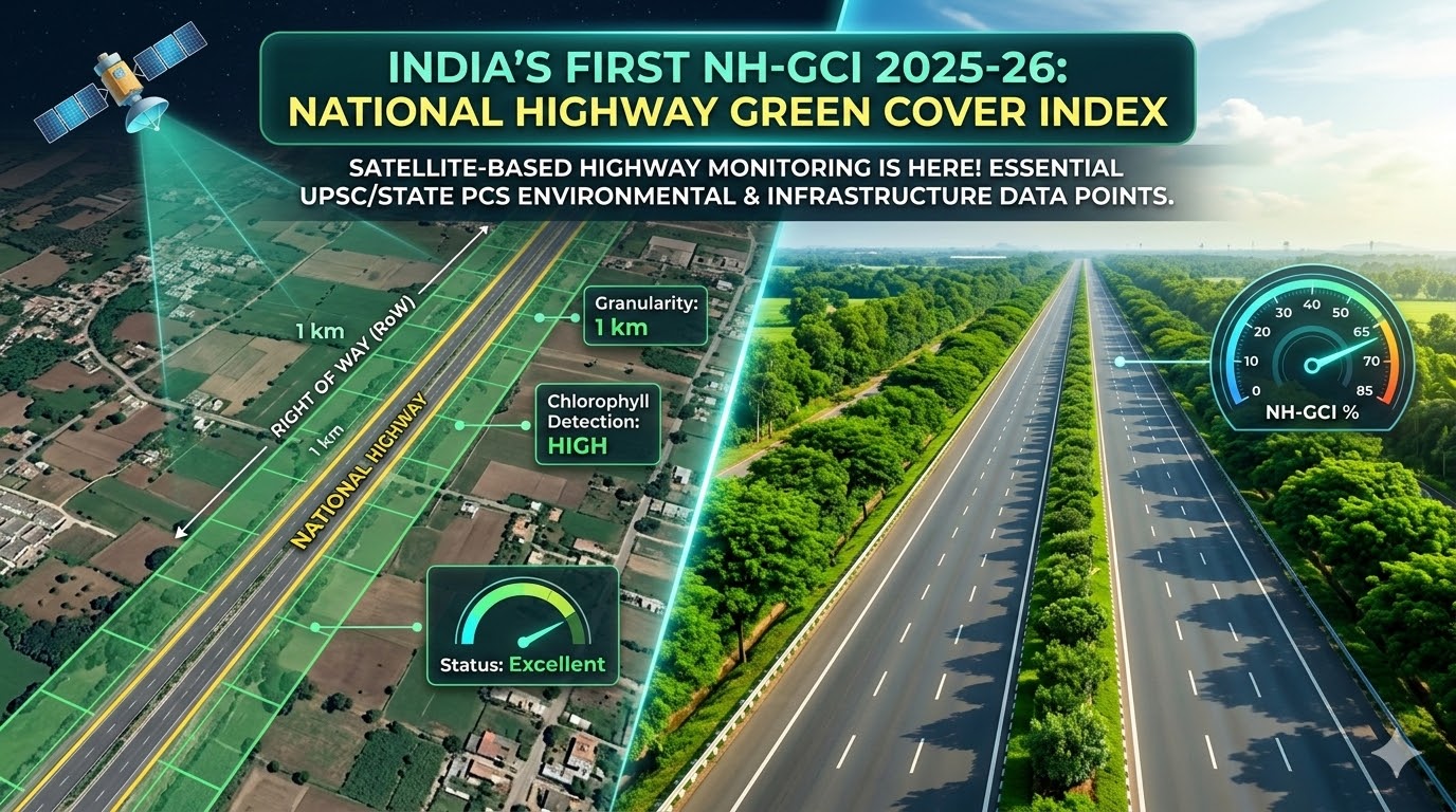 NHAI Green Cover Index 2025 A split-screen illustration showing a satellite view of an Indian National Highway with green digital grids mapping vegetation on the left, and a ground-level view of a lush, tree-lined modern highway with a "Green Cover Index" digital gauge on the right.