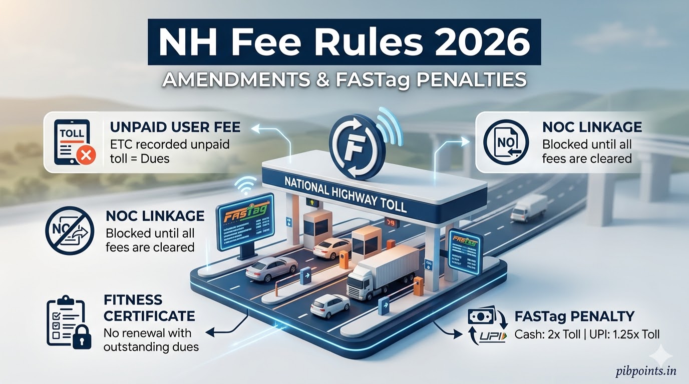 Infographic representing National Highways Fee Rules 2026 for pibpoints.in news update.