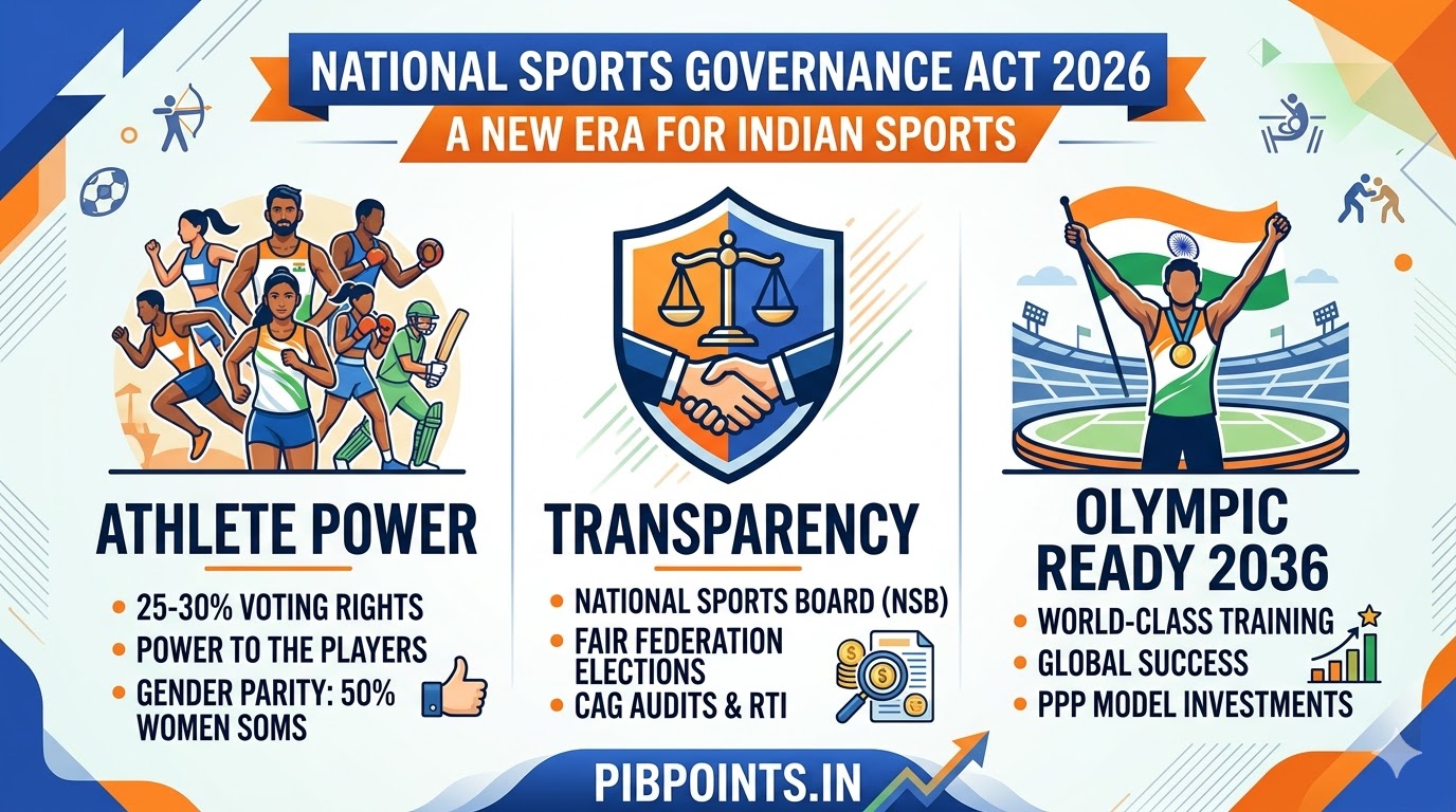 Infographic of Everything You Need to Know About the National Sports Governance Act 2025: A New Era for Indian Athletes showing athlete power with 25% voting rights, transparency via National Sports Board, and 2036 Olympic preparation.