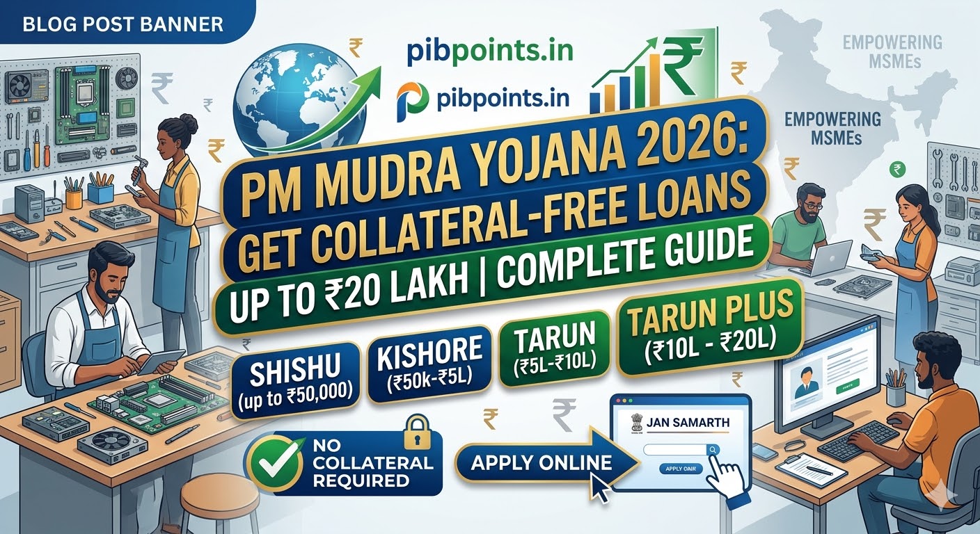 PM Mudra Yojana Tarun Plus scheme 2026: Official infographic illustrating how to get collateral-free business loans up to ₹20 lakh. The chart shows Shishu, Kishore, Tarun, and Tarun Plus categories with their respective loan amounts, alongside an 'Apply Online' guide for Jan Samarth portal, branded by pibpoints.in