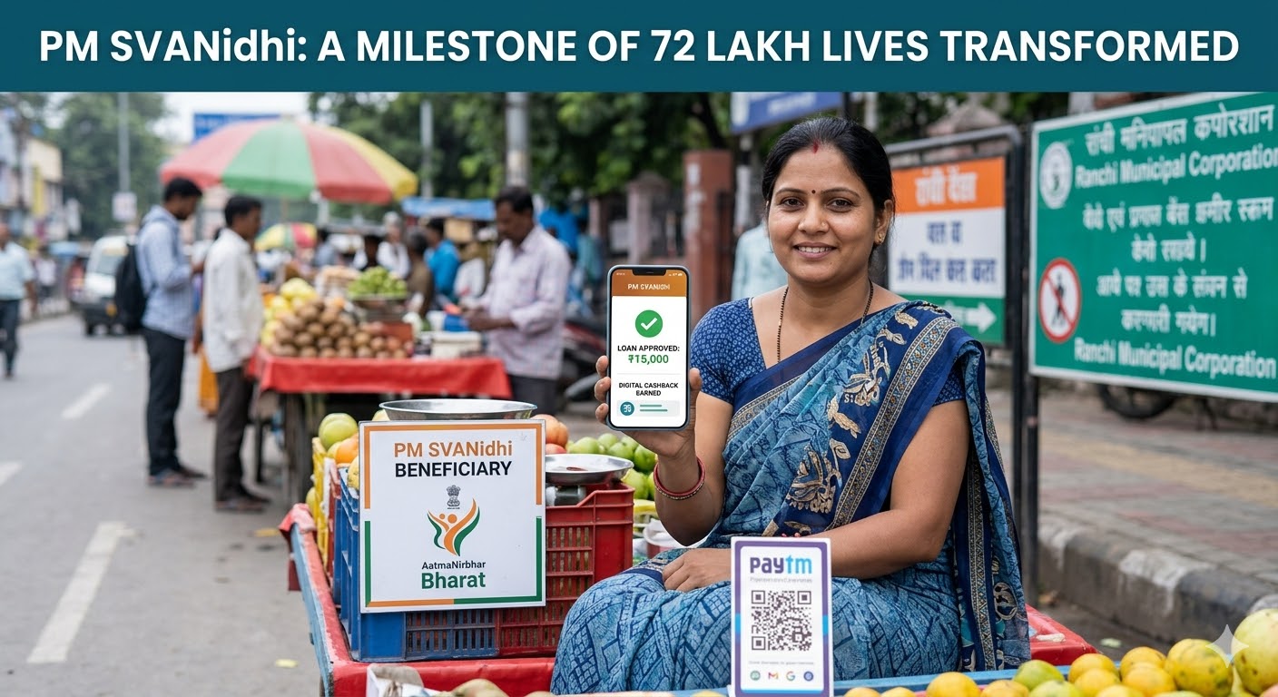 A smiling Indian female street vendor showing her PM SVANidhi loan approval of ₹15,000 and digital cashback on her smartphone at a busy fruit cart, representing the 72 lakh milestone of formalized urban economy.