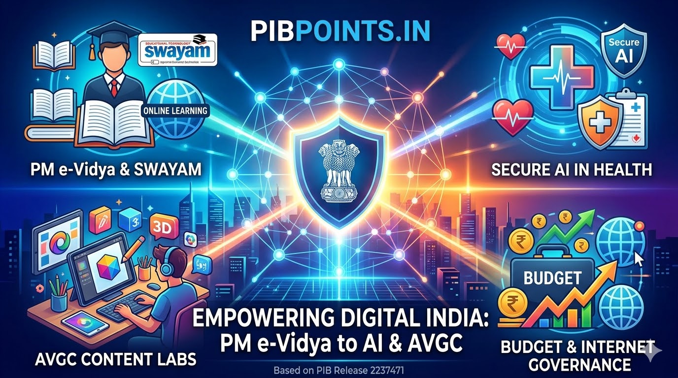 A futuristic infographic collage for pibpoints.in showcasing PM e-Vidya, SWAYAM online learning, Secure AI in Healthcare, AVGC Content Creator Labs, and Digital Budgeting in India.