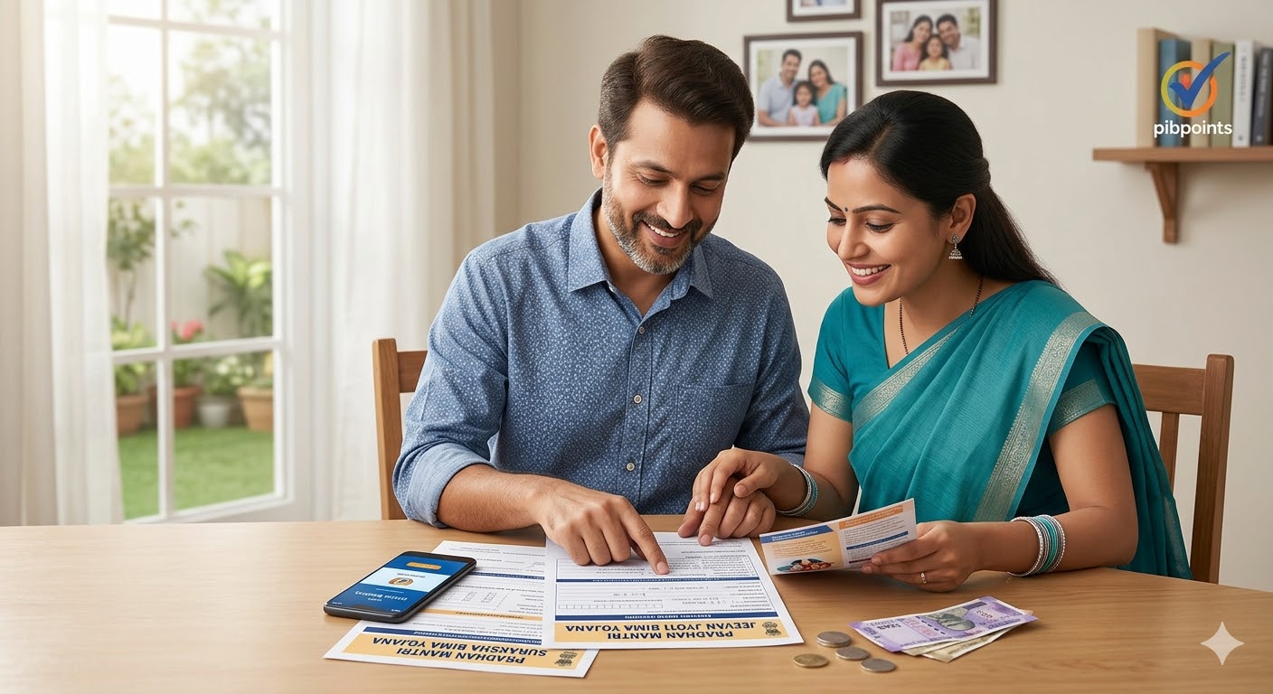 A middle-aged Indian couple sits happily at a wooden table in their bright living room, looking over documents related to Indian government social security schemes (PMJJBY and PMSBY), with a smartphone displaying a banking app. The 'pibpoints' logo is visible on a book
