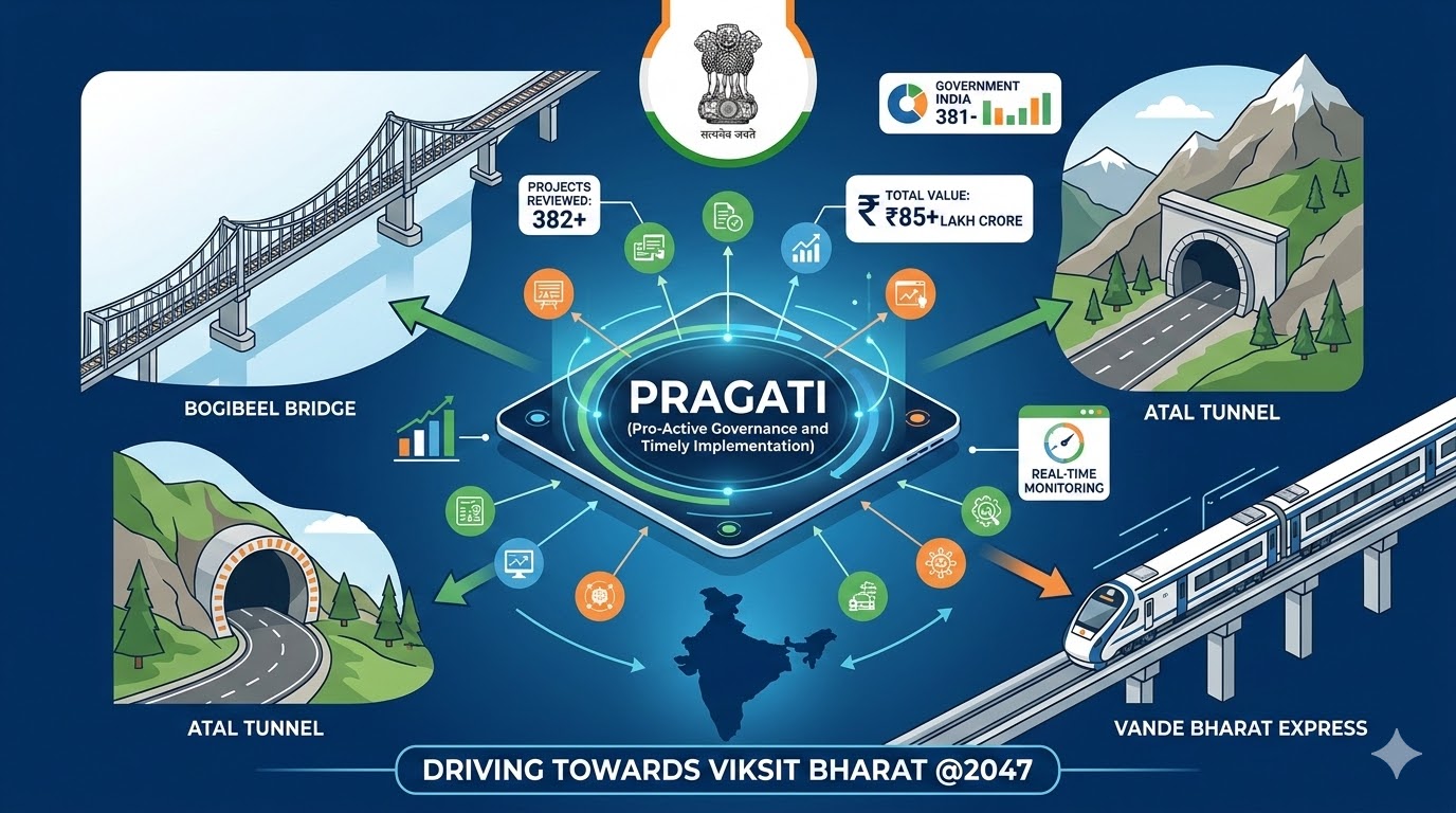 Infographic of the PRAGATI platform showing its role in India's infrastructure, featuring icons for Bogibeel Bridge, Atal Tunnel, and Vande Bharat Express with data points of 382 projects reviewed and ₹85 lakh crore value under the Viksit Bharat 2047 mission.
