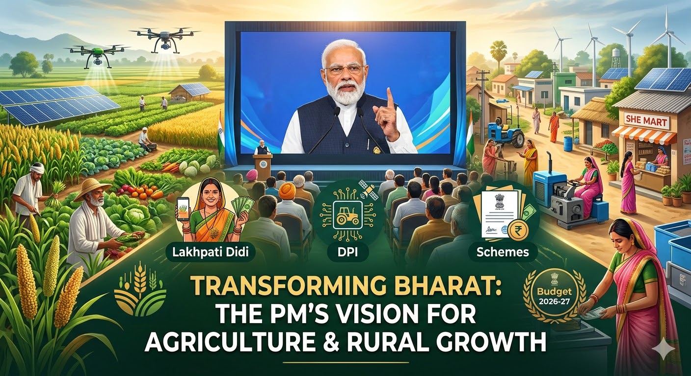 A dynamic infographic titled "Post-Budget Webinar on Agriculture and Rural Transformation," featuring Prime Minister Modi addressing a diverse audience of farmers and rural women. The image illustrates modern agricultural practices with drones and solar panels on one side, and a modernized, empowered Indian village with a 'SHE MART' on the other, representing rural transformation and economic growth.
