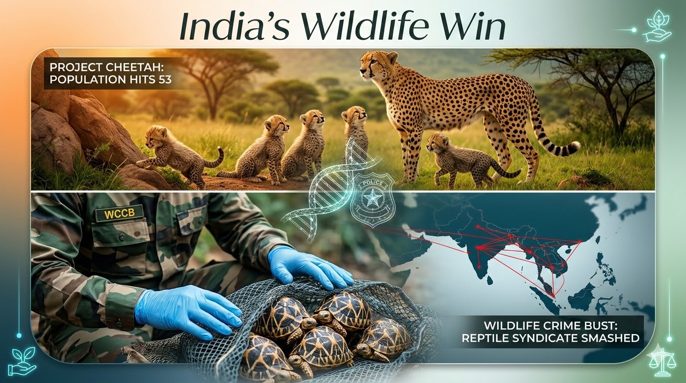 A split-screen infographic titled "India’s Wildlife Win." The top half shows a mother cheetah with five cubs in the grasslands of Kuno National Park with the text "Project Cheetah: Population Hits 53." The bottom half depicts a wildlife official in camouflage and blue gloves recovering smuggled star tortoises from a net, accompanied by a map of South Asia showing red smuggling lines and the text "Wildlife Crime Bust: Reptile Syndicate Smashed."