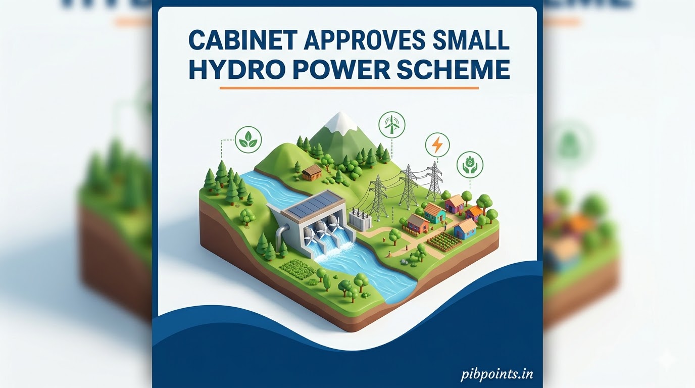 Infographic representing the Small Hydro Power (SHP) Development Scheme for pibpoints.in news update.