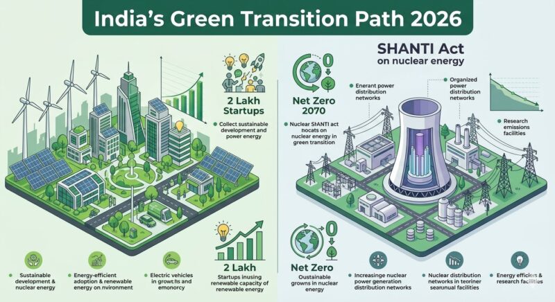 What is SHANTI Act A professional split-screen infographic titled "India's Green Transition Path 2026." The left side features a vibrant emerald green isometric city powered by wind turbines and solar panels, while the right side displays a modern, stylized nuclear reactor in slate grey. Icons for "2 Lakh Startups" and "Net Zero 2070" are placed throughout, with the design using clean, sans-serif typography on a white background.