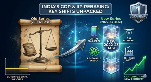 Infographic comparing India’s GDP base year change from 2011-12 to 2022-23, featuring icons for digital commerce, renewable energy, and the gig economy under MoSPI’s new 2026 series.