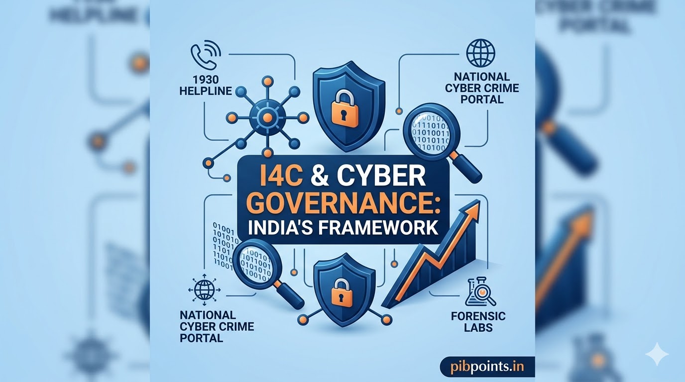 Infographic representing I4C & India's Cyber Governance framework for pibpoints.in news update.