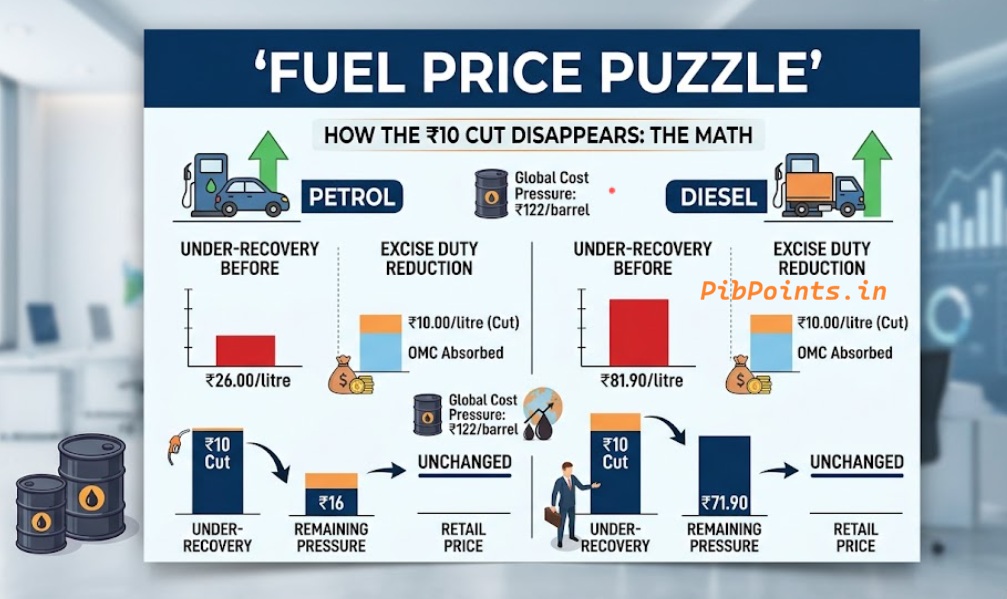 ₹10 fuel excise duty cut Infographic representing the impact of the ₹10 excise duty cut on petrol and diesel for pibpoints.in news update.