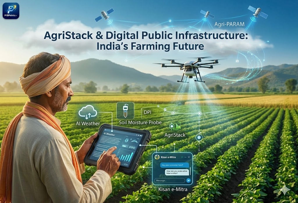 Farmer in a rural Indian field using a digital tablet to monitor crops with an AI drone and satellite data overlay representing AgriStack infrastructure.