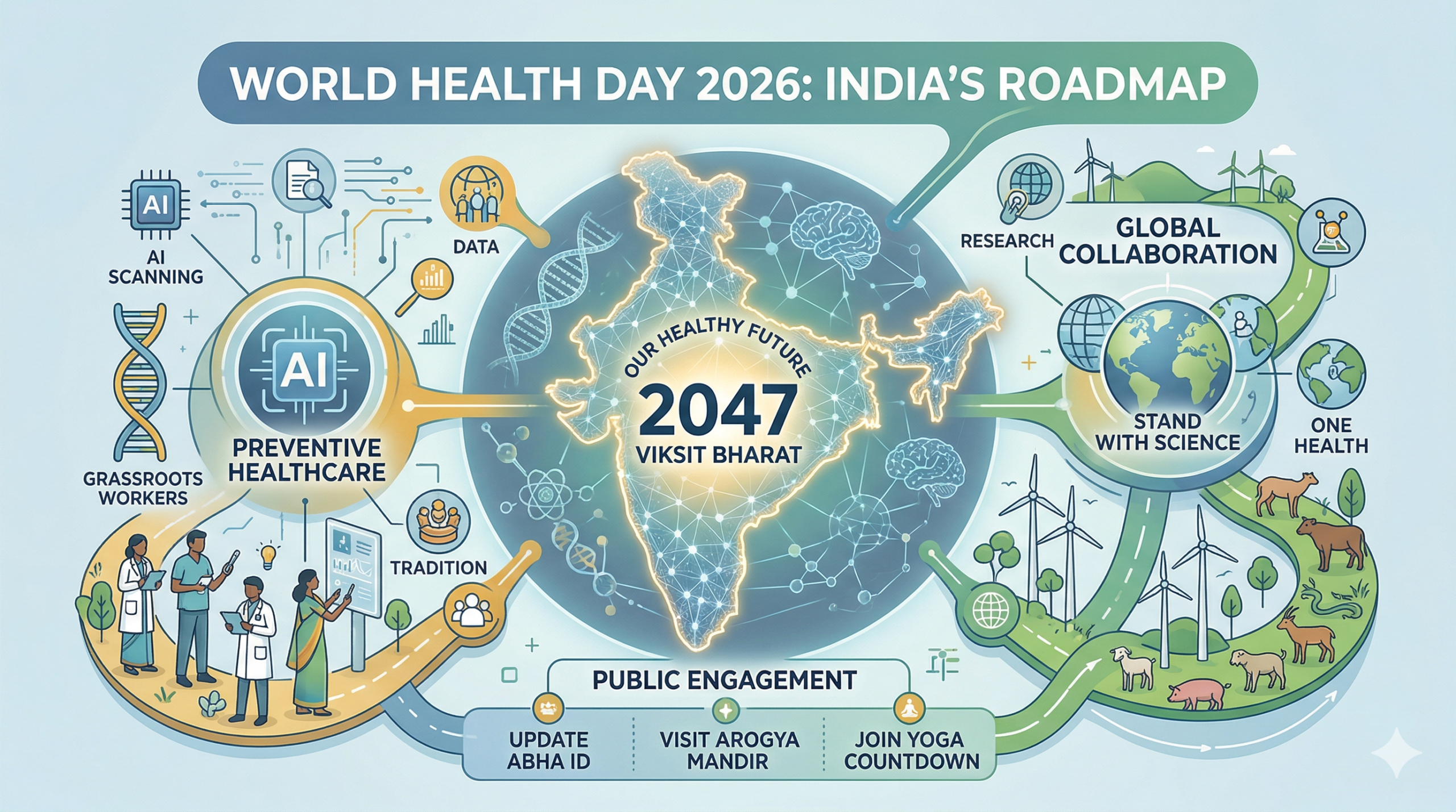 Infographic of India’s World Health Day 2026 roadmap featuring AI preventive healthcare, One Health framework, and the Viksit Bharat 2047 vision with digital health icons and a map of India.