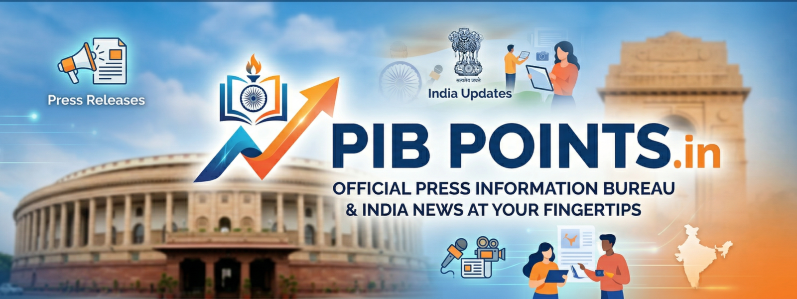 Professional web header for PIB Points featuring the Indian Parliament, India Gate, and icons for Press Releases, Government Policies, and Current Affairs.