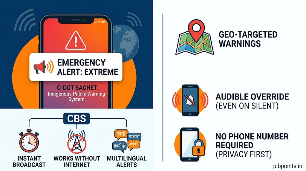 Cell Broadcast System India (CBS) infographic showing Emergency Alert: Extreme features including geo-targeting, audio override, multilingual alerts, and no internet requirement — developed by C-DOT under SACHET platform