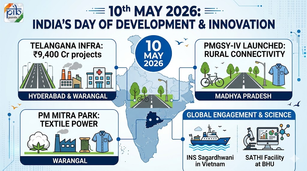 Infographic of PIB Daily Digest 10th May 2026 showing PM MITRA Park Warangal, PMGSY-IV launch, and INS Sagardhwani's voyage to Vietnam.