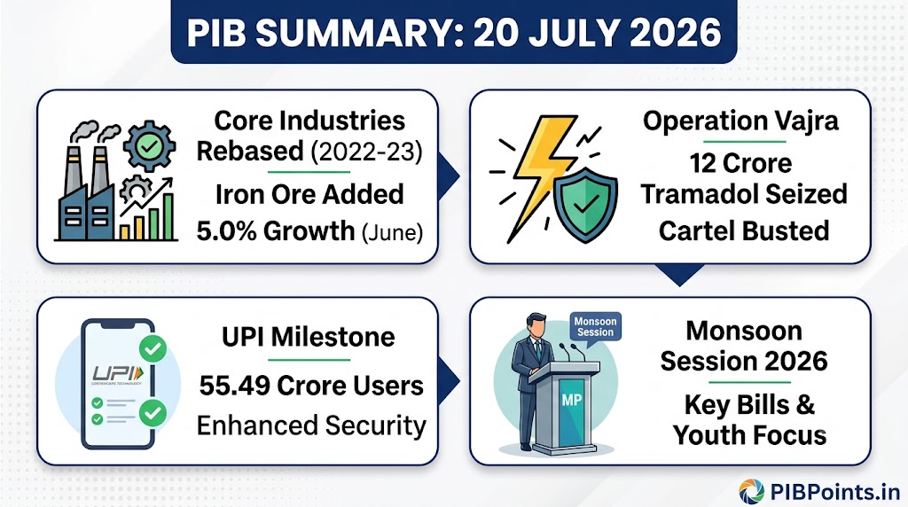 Infographic summary of PIB release for 20 July 2026, highlighting Core Industries rebase, Operation Vajra narcotics seizure, UPI milestones, and the Monsoon Session key bills for UPSC preparation.