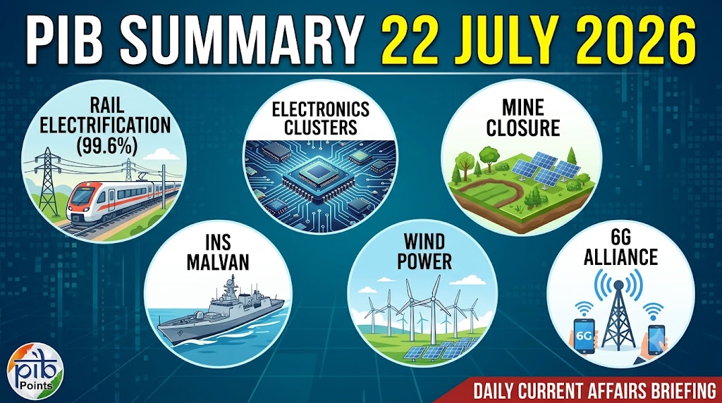 PIB Summary 22 July 2026 infographic covering Railway Electrification, Electronics Clusters, Mine Closure, INS Malvan, Wind Power, and 6G Alliance.