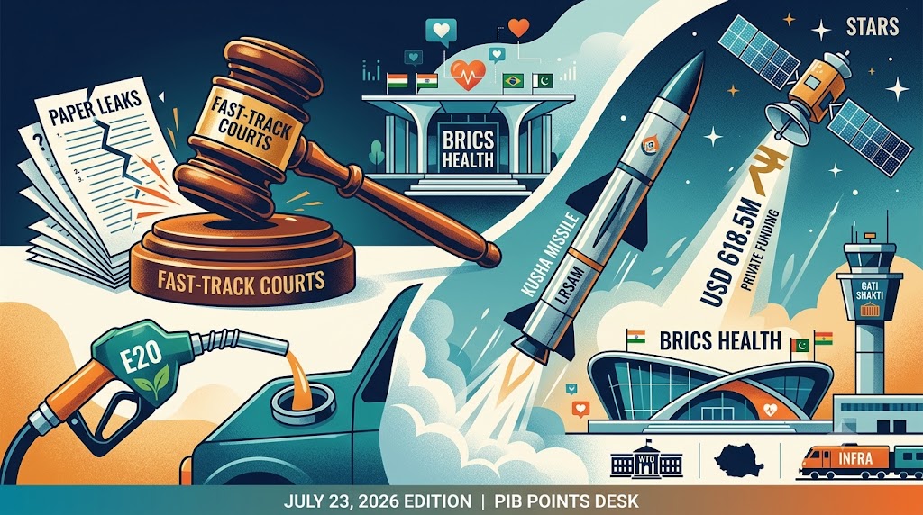 Vibrant editorial graphic for PIB Summary 23 July 2026 showing legal fast-track courts, space sector investment, DRDO Kusha LRSAM missile, E20 petrol fuel, and BRICS health updates.
